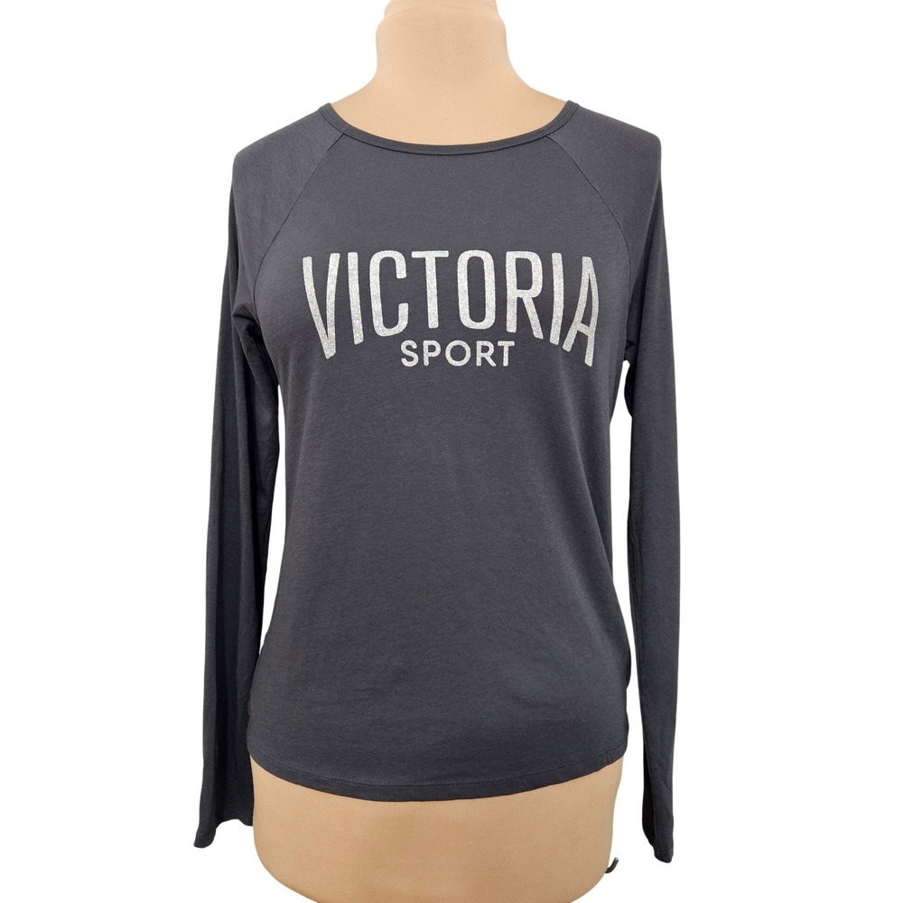 Victoria Sport Gray Glitter Logo Open Back Long Sleeve Top Small Athleisure